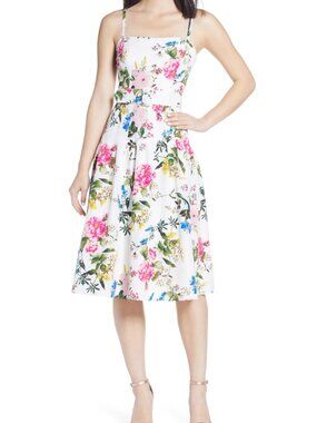 Eliza J Belted Taffeta Fit & Flare Dress, 4 Petite, Worn once